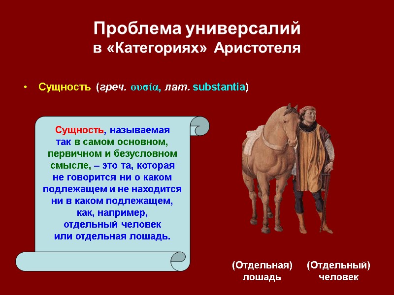 Проблема универсалий в «Категориях» Аристотеля (Отдельная) лошадь (Отдельный) человек Сущность, называемая так в самом